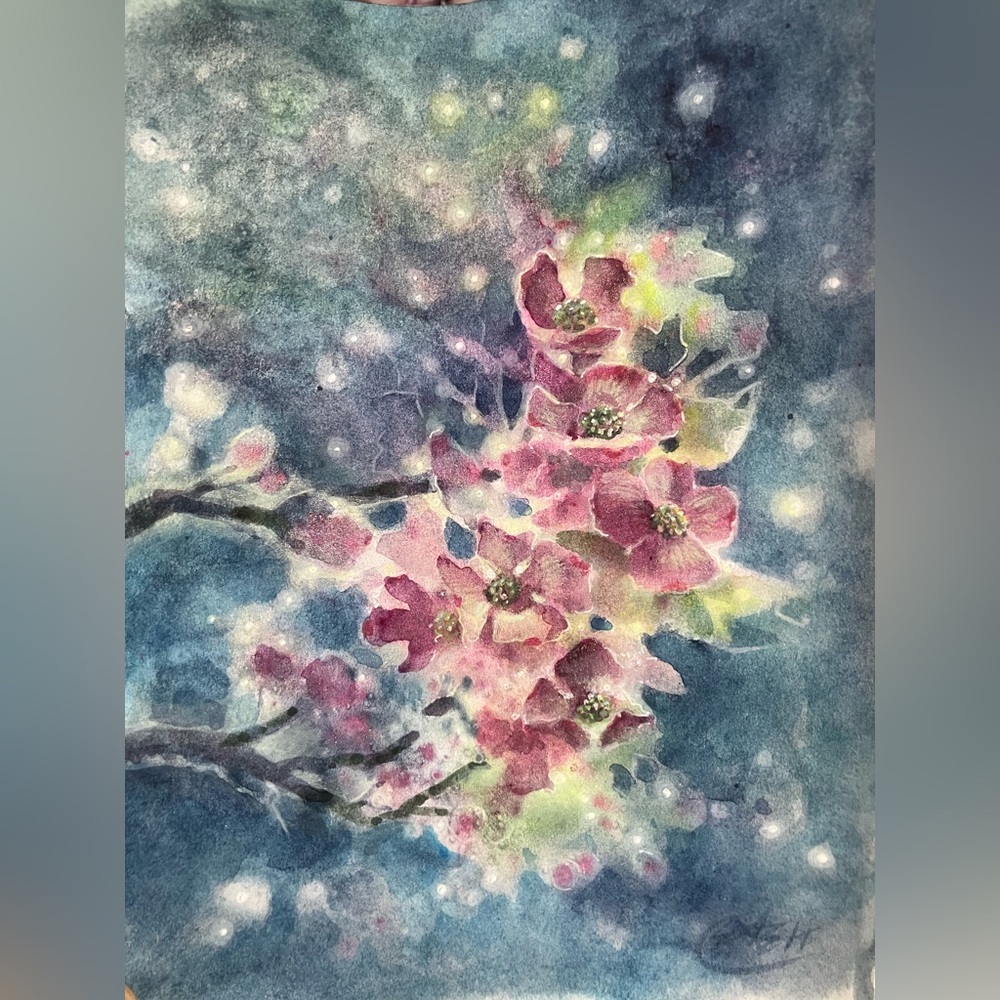 Original dogwood painting blossoms Art deco floral nature decor Artettina USA - Picture 3 of 8